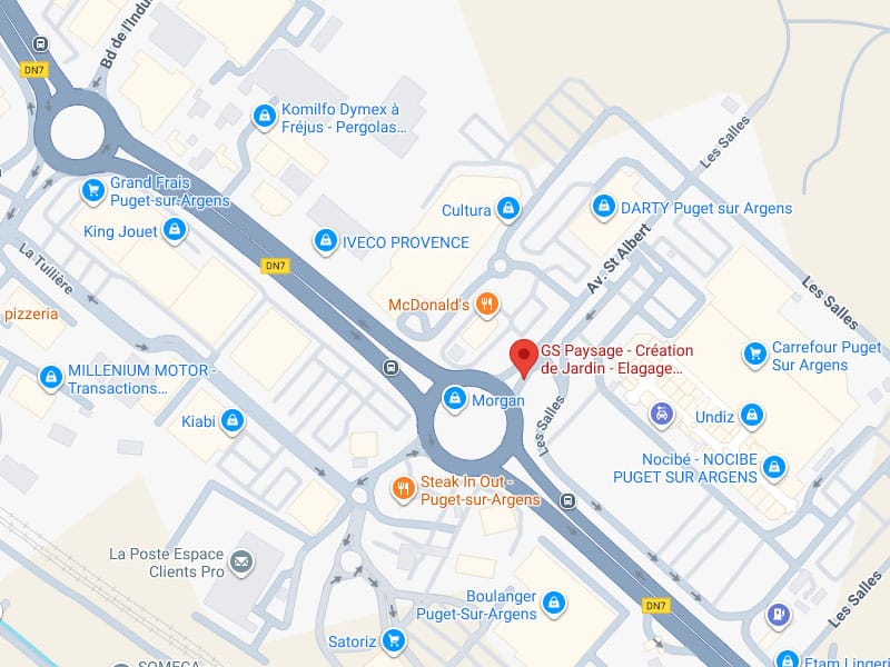 Localisation GS Paysage Puget-sur-Argens DN7 Carte routière de Puget-sur-Argens montrant la localisation de GS Paysage près des ronds-points de la DN7 avec King Jouet, McDonald's et Carrefour.