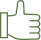 Icône de pouce levé pixelisée vert olive sur fond noir, symbolisant l'approbation ou un like.